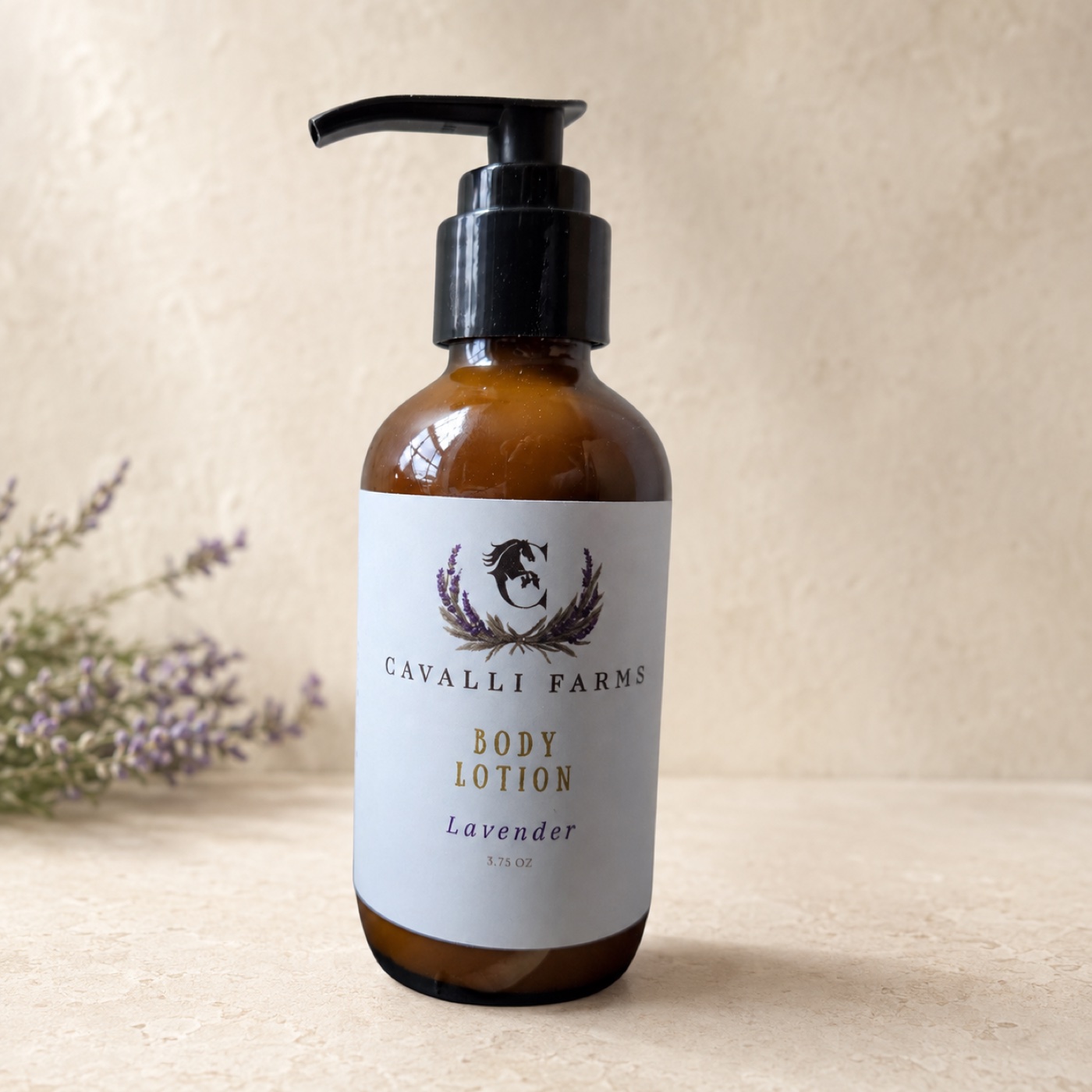 An amber pump bottle of Cavalli Farms lavender body lotion