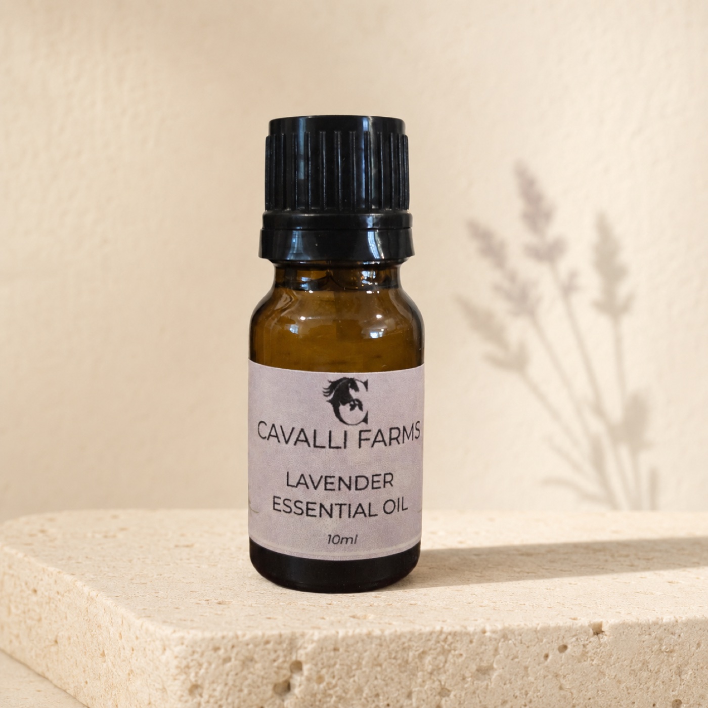 A 10ml amber bottle of Cavalli Farms lavender essential oil