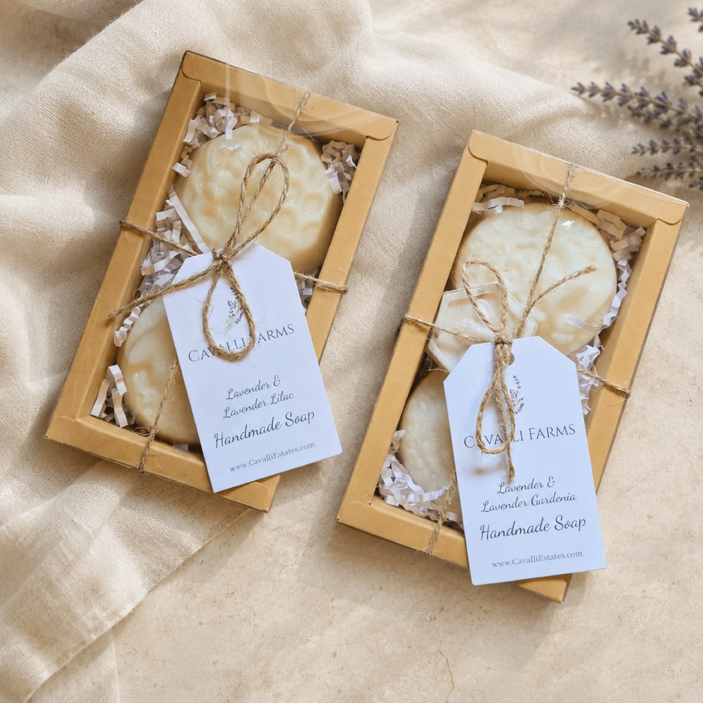 Two boxed sets of Cavalli Farms handmade lavender soap tied with twine